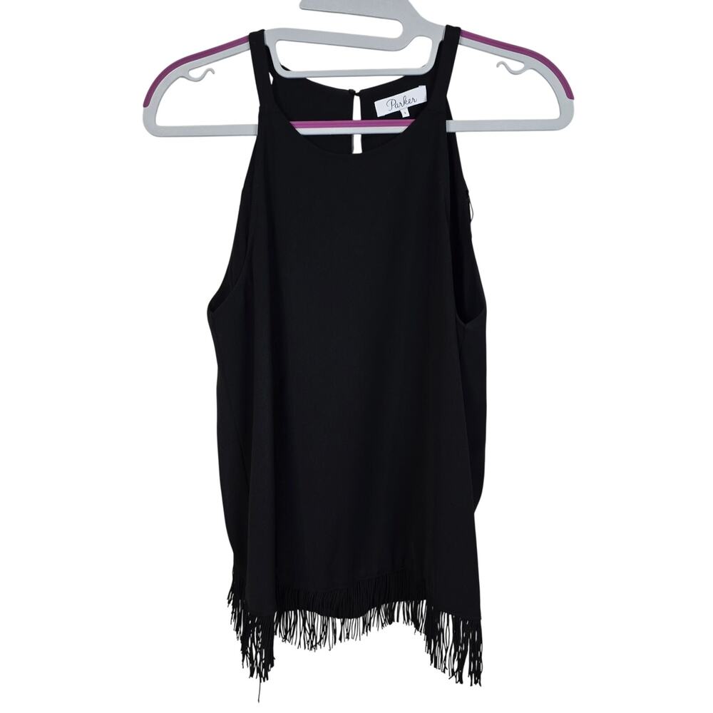 Women's Parker Black Tank Top with Fringe Trim Silk Blend | Size Small
